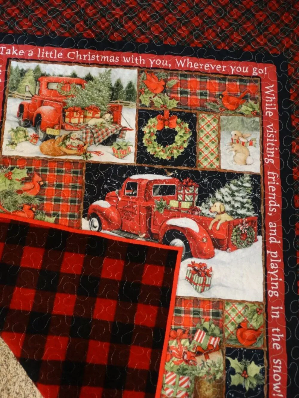 Handmade Red Truck Christmas Quilt, Fleece Backing, Holiday Throw (47